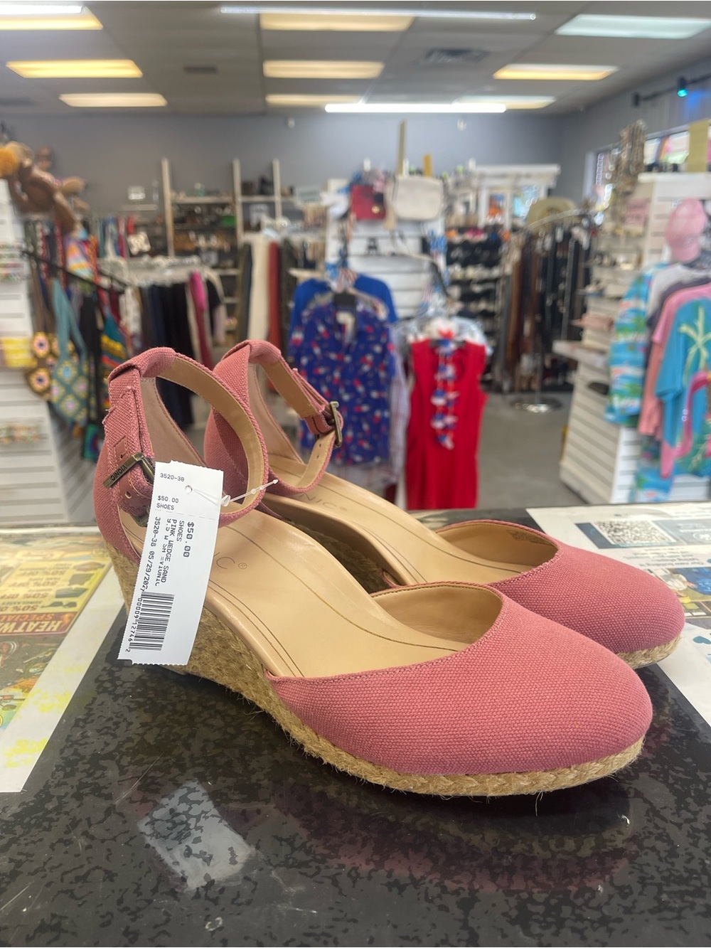 Vionic Pink Canvas Espadrille Wedge Sandals with Ankle Strap